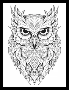 Majestic owl perched in monochrome frame Free Printable Coloring Page for Adults