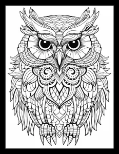 A detailed owl coloring page in grayscale. Free Printable Coloring Page for Adults