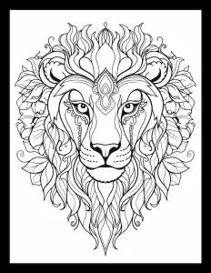 Majestic lion head in bold black lines on white background Free Printable Coloring Page for Adults