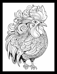 Majestic rooster standing proudly Free Printable Coloring Page for Adults