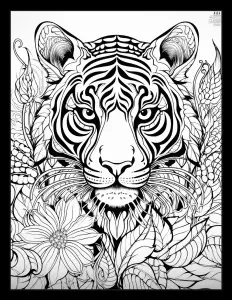 Majestic tiger surrounded by delicate flowers Free Printable Coloring Page for Adults