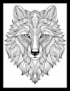 Majestic wolf with piercing eyes in a serene forest setting Free Printable Coloring Page for Adults