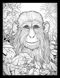 Majestic chimpanzee in the depths of the jungle. Free Printable Coloring Page for Adults