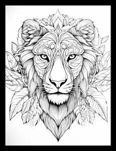 Majestic lion surrounded by leaves Free Printable Coloring Page for Adults