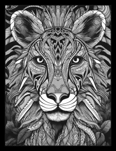 Majestic lion with flowing mane in black and white Free Printable Coloring Page for Adults