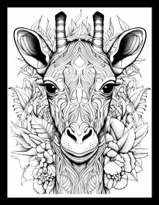 Giraffe surrounded by delicate flowers in black and white sketch Free Printable Coloring Page for Adults