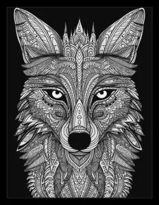 Majestic fox head on black background Free Printable Coloring Page for Adults