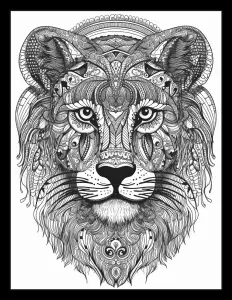 Majestic lion with flowing mane in black and white Free Printable Coloring Page for Adults