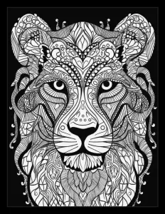 Majestic lion head against black backdrop Free Printable Coloring Page for Adults