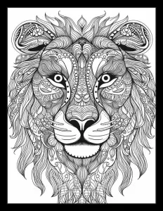 Majestic lion with flowing mane in black and white Free Printable Coloring Page for Adults