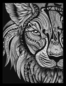 Majestic lion with flowing mane in black and white Free Printable Coloring Page for Adults