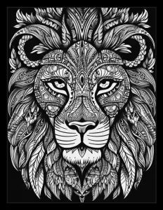 Majestic lion head in black and white Free Printable Coloring Page for Adults