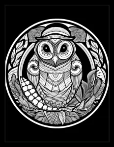 Majestic owl perched in a circle on black background Free Printable Coloring Page for Adults