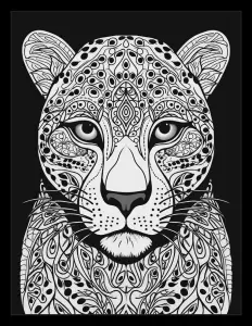 Majestic leopard head against black backdrop. Free Printable Coloring Page for Adults