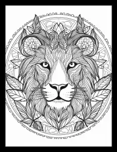 Majestic lion in circular frame Free Printable Coloring Page for Adults