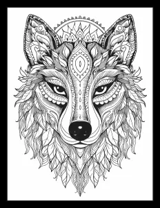 Powerful silhouette of a wolf's head in black and white Free Printable Coloring Page for Adults