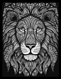 Majestic lion's head in dramatic black and white Free Printable Coloring Page for Adults