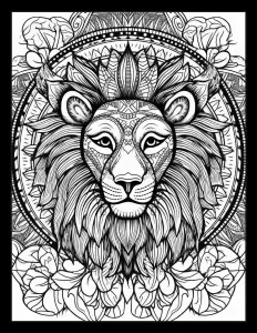 Majestic lion head in black and white Free Printable Coloring Page for Adults