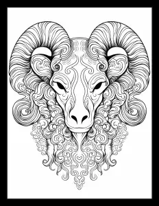 Majestic ram's head in striking black and white illustration. Free Printable Coloring Page for Adults