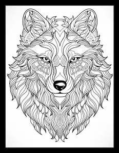 Majestic wolf with piercing eyes in a serene forest setting Free Printable Coloring Page for Adults