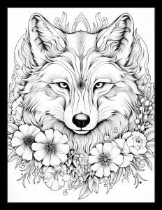 Fox surrounded by delicate flowers in black and white illustration. Free Printable Coloring Page for Adults