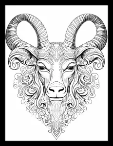 A detailed black and white drawing of a goat