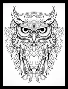 Majestic owl perched in monochrome frame Free Printable Coloring Page for Adults