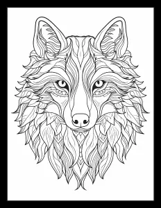 Majestic wolf with piercing eyes in a serene forest setting Free Printable Coloring Page for Adults