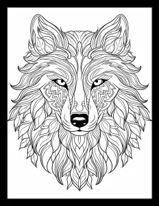 Majestic wolf with piercing eyes in a serene forest setting Free Printable Coloring Page for Adults