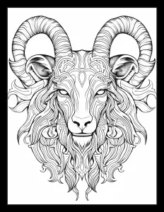 A majestic goat with horns against a dark backdrop. Free Printable Coloring Page for Adults