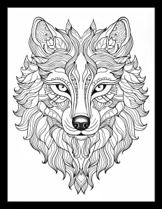 Powerful silhouette of a wolf's head in black and white Free Printable Coloring Page for Adults