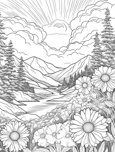 Field of blooming flowers in monochrome Free Printable Coloring Page for Adults