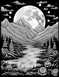 Majestic moonlit mountain illustration Free Printable Coloring Page for Adults