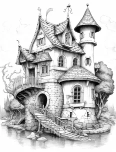 A whimsical fairy house nestled among the trees Free Printable Coloring Page for Adults