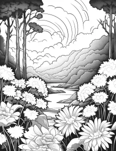 Delicate flowers amidst towering trees Free Printable Coloring Page for Adults