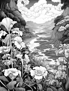 Serene river flowing through delicate flowers Free Printable Coloring Page for Adults