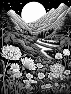 Serene moonlit landscape with delicate flowers Free Printable Coloring Page for Adults