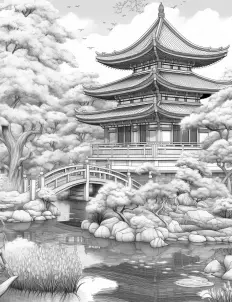 A traditional black and white drawing of a Japanese pagoda Free Printable Coloring Page for Adults