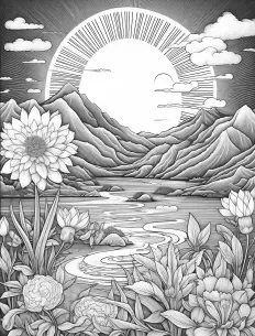 Majestic mountain with blooming flowers Free Printable Coloring Page for Adults