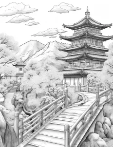 A traditional black and white drawing of a Japanese pagoda Free Printable Coloring Page for Adults