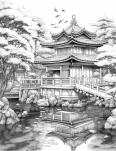 Tranquil Japanese garden with winding paths and lush greenery Free Printable Coloring Page for Adults