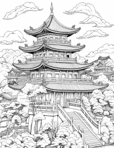 Tranquil pagoda nestled in the countryside Free Printable Coloring Page for Adults