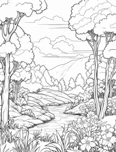 Serene river flowing through a peaceful forest Free Printable Coloring Page for Adults