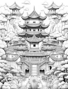 Serene black and white illustration of a traditional Chinese pagoda Free Printable Coloring Page for Adults