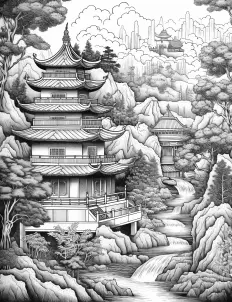 Serene black and white illustration of a traditional Chinese pagoda Free Printable Coloring Page for Adults