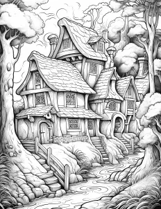 A serene retreat nestled in the woods. Free Printable Coloring Page for Adults