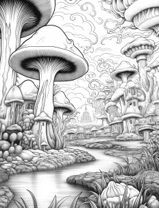 A serene forest scene with mushrooms Free Printable Coloring Page for Adults