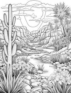 A stark desert landscape with rows of towering cacti Free Printable Coloring Page for Adults