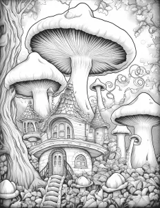 Whimsical mushroom-shaped house in black and white illustration. Free Printable Coloring Page for Adults