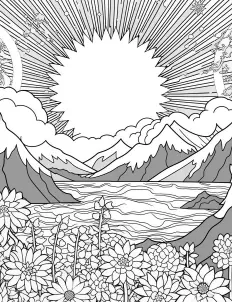 Cheerful sun shining over blooming flowers Free Printable Coloring Page for Adults